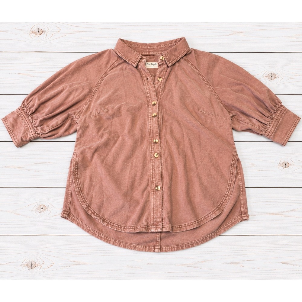 Free People We The Free Short Sleeve Button Down Shirt Boho Peasant Rose Large